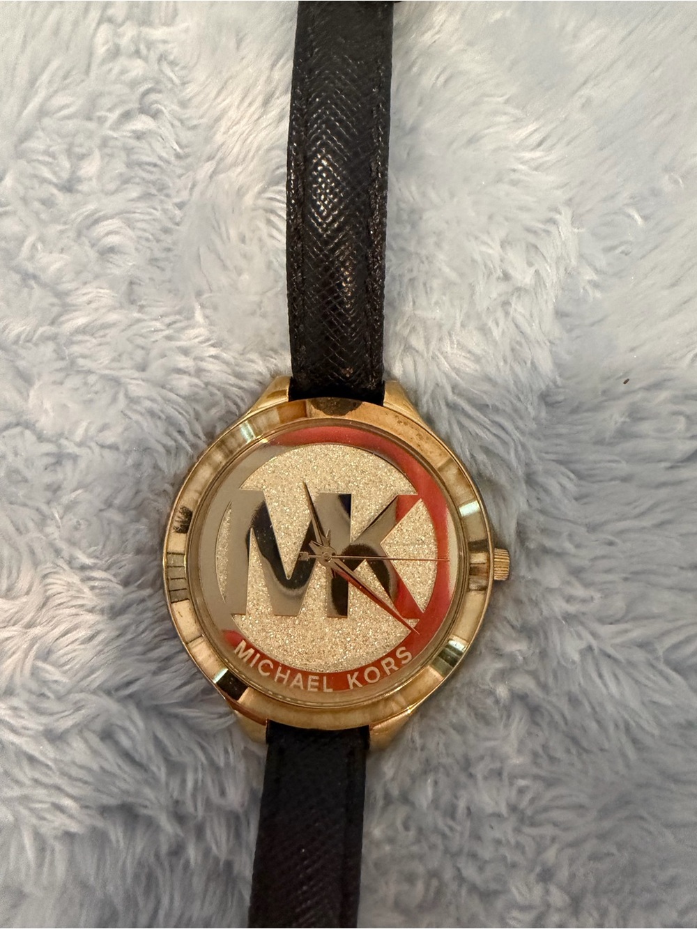Michael Kors Gold Tone Watch with Black Strap and Glitter Dial